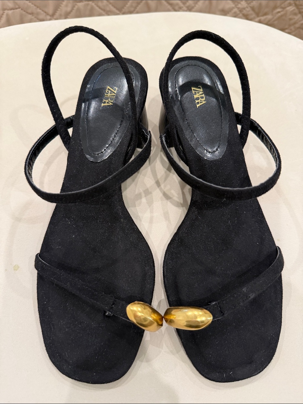 Zara Black Suede Slingback Sandals with Gold Accent Bead sz 36